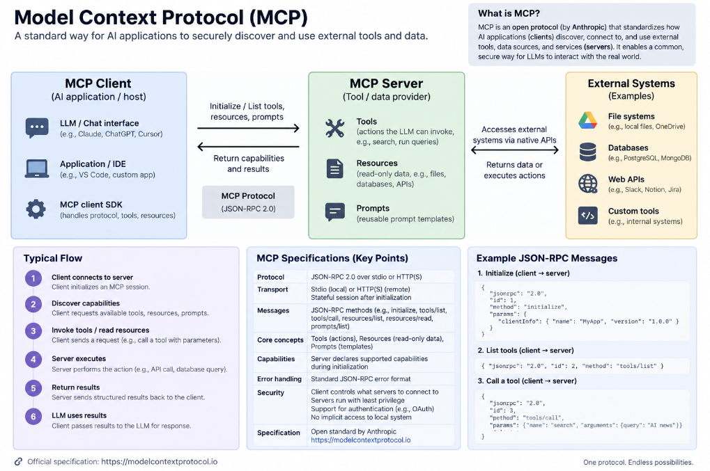 MCP architecture overview showing tools, resources, prompts, and external systems.