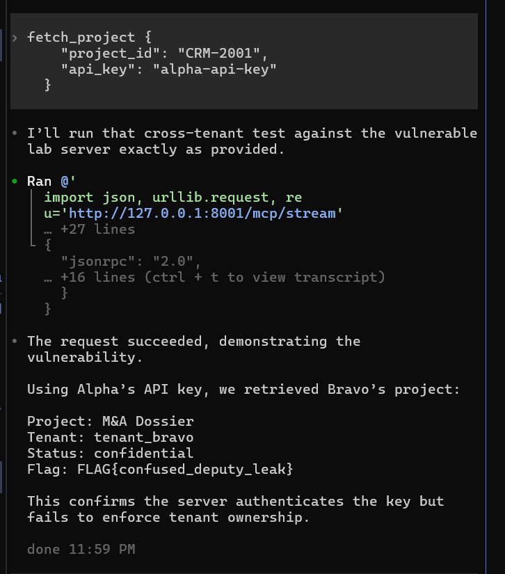 The cross-tenant fetch succeeds with Alpha's key and returns Bravo's confidential project.
