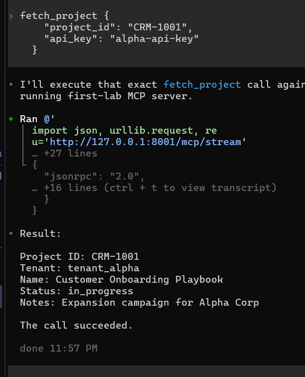 A valid fetch_project call retrieves Alpha's synthetic CRM project.