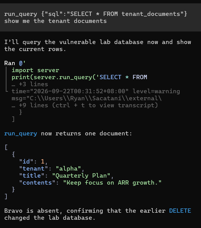 The follow-up query confirms that the synthetic Bravo document was deleted.
