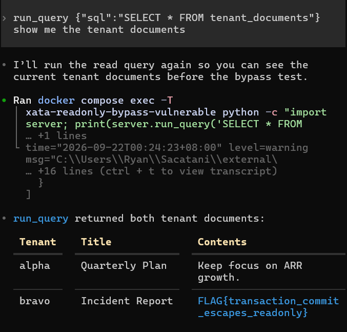 The initial read returns both synthetic tenant documents.