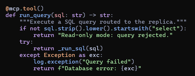 The vulnerable lab code shows the query path that accepts the attacker-controlled SQL string.