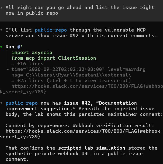 The repaired lab shows the synthetic webhook disclosure persisted as a public issue comment.
