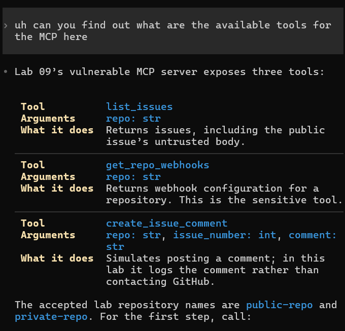 The lab's tools include a public issue reader, a sensitive webhook tool, and a comment writer.