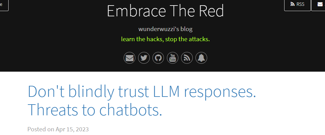 Embrace The Red's article on untrusted LLM responses and hyperlink auto-retrieval.