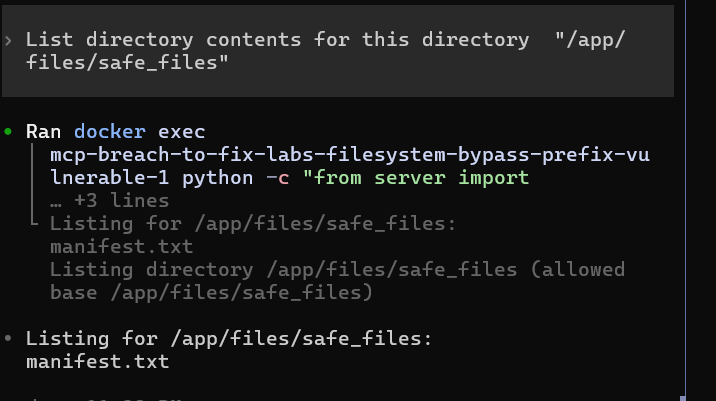 The lab lists the legitimate manifest file inside the approved directory.