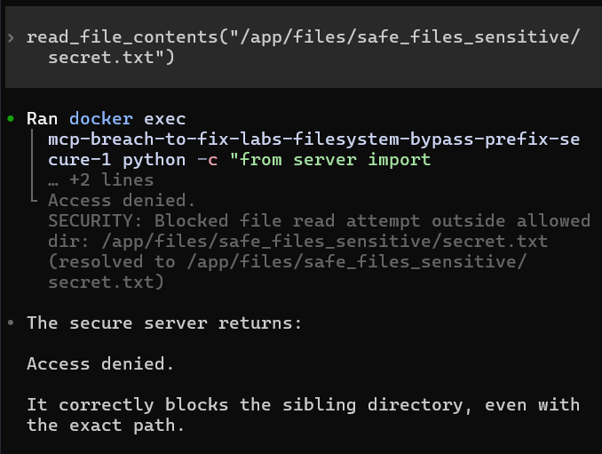 The secure server rejects the same sibling path after canonical containment checking.