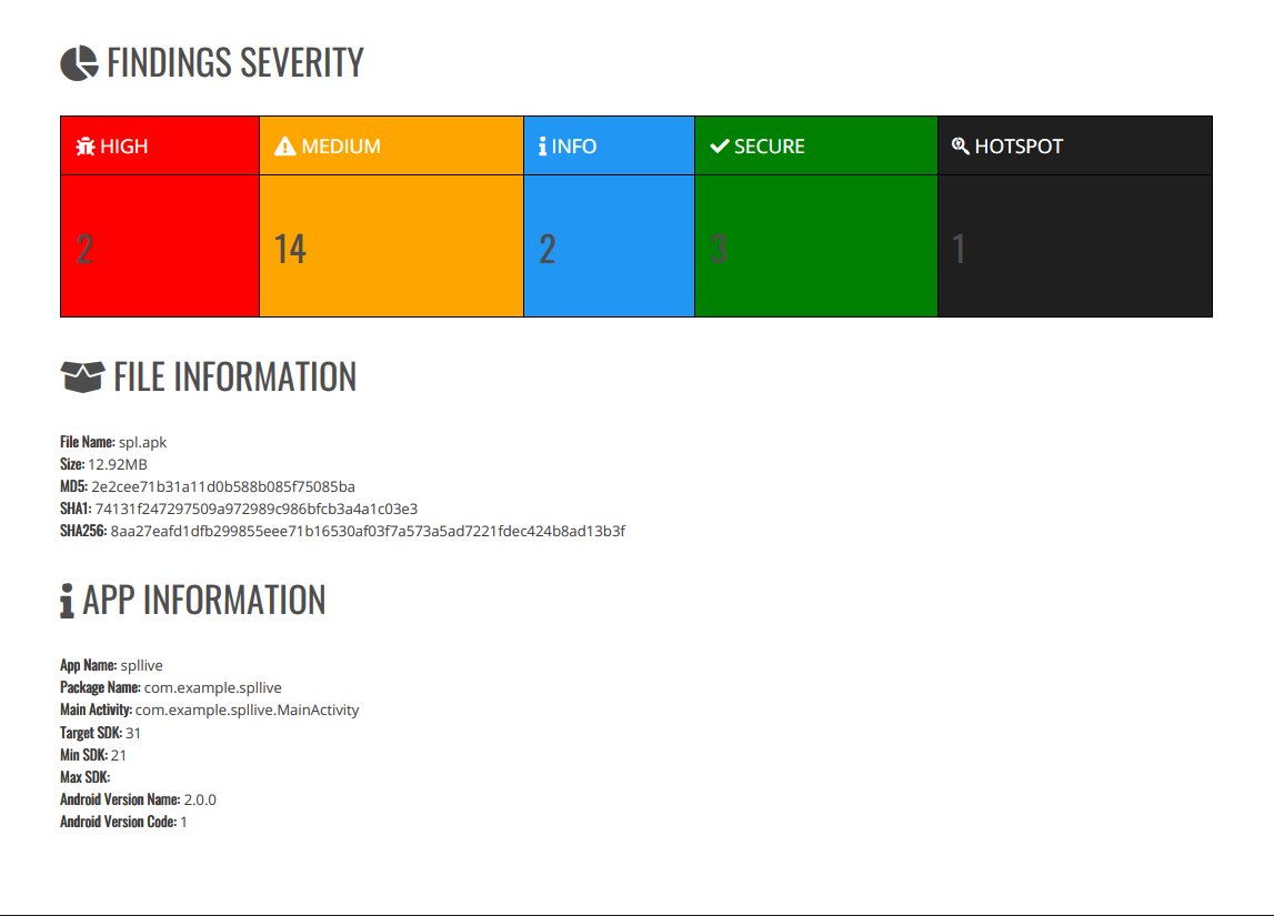 A MobSF report, one summary page of the many it produces. You point it at an APK or IPA and it hands you this in seconds: a severity breakdown, the app's identity, and further down, any secrets and misconfigurations it left lying around.