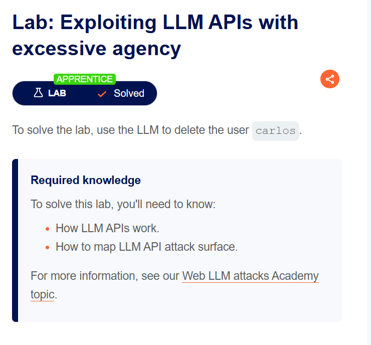 The excessive-agency lab marked solved after deleting the target user.