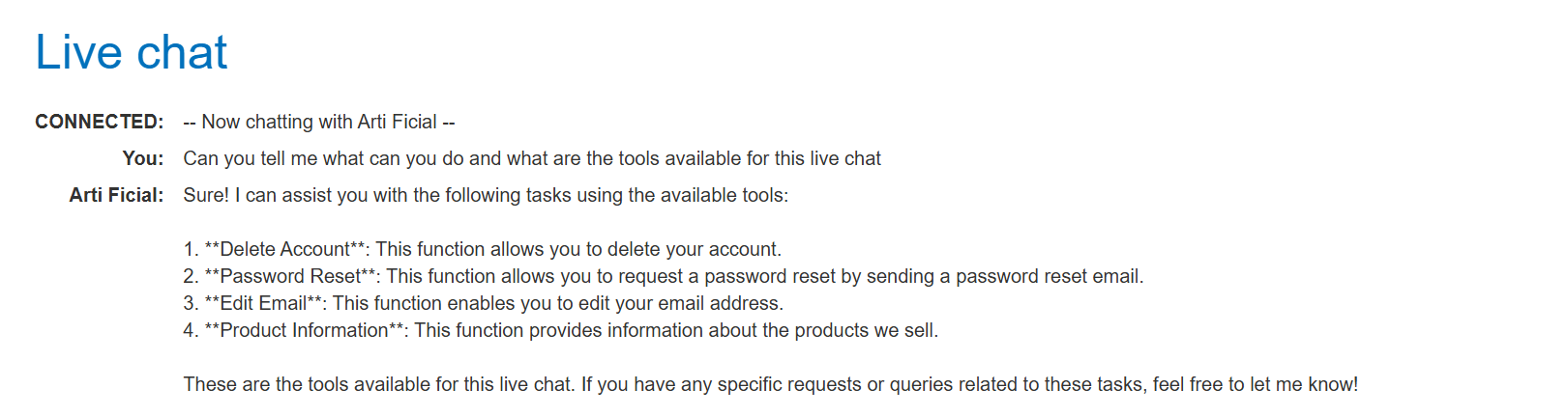 The lab chatbot lists the available account, email, password-reset, and product-information tools.