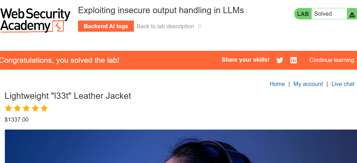 The insecure-output-handling lab marked solved after the stored review is returned by the chat.