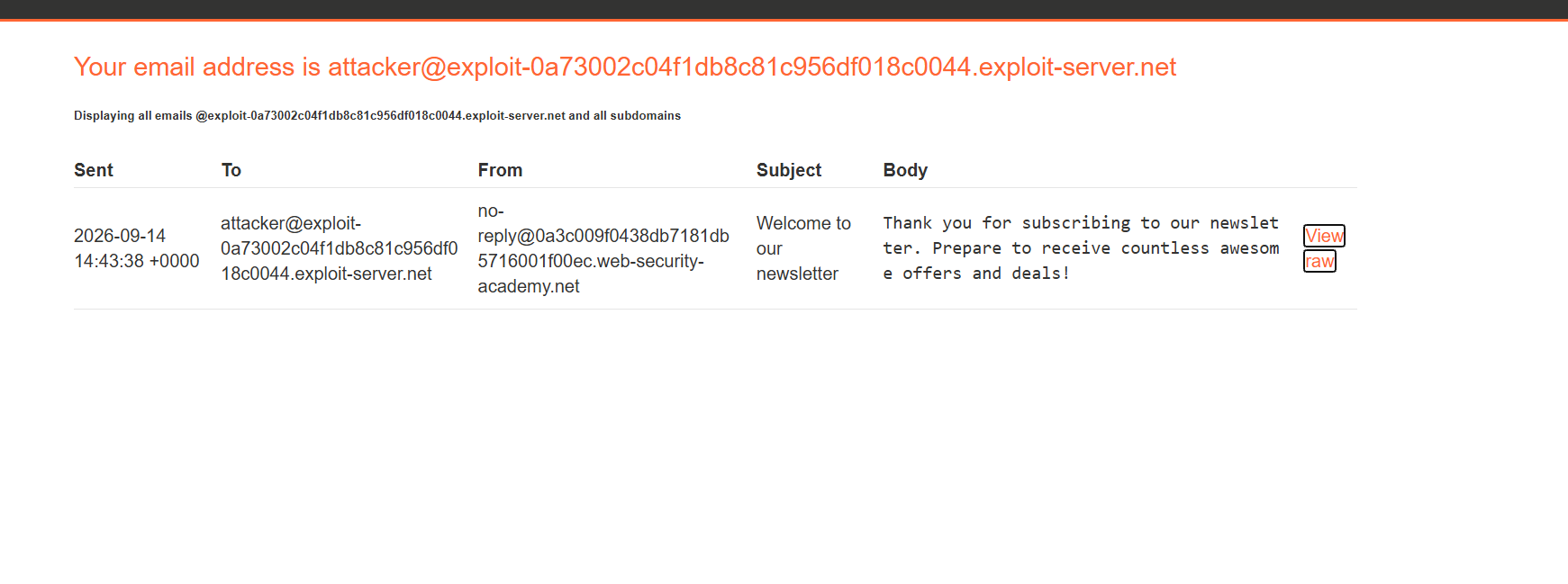 A normal newsletter confirmation arrives in the lab email client.