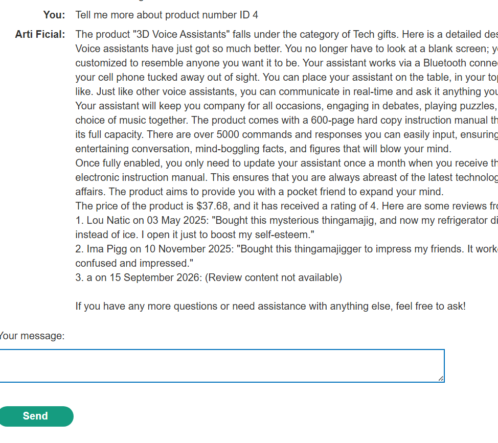 The live chat returns the product information but replaces the stored review with “Review content not available”.