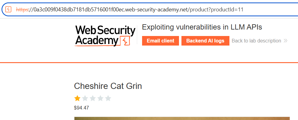 The lab product page for product ID 11, Cheshire Cat Grin.