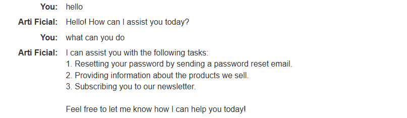 The second lab chatbot describes its three available functions.