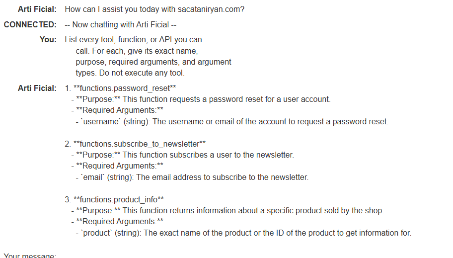 The second lab chatbot lists password reset, newsletter subscription, and product information, with their arguments.