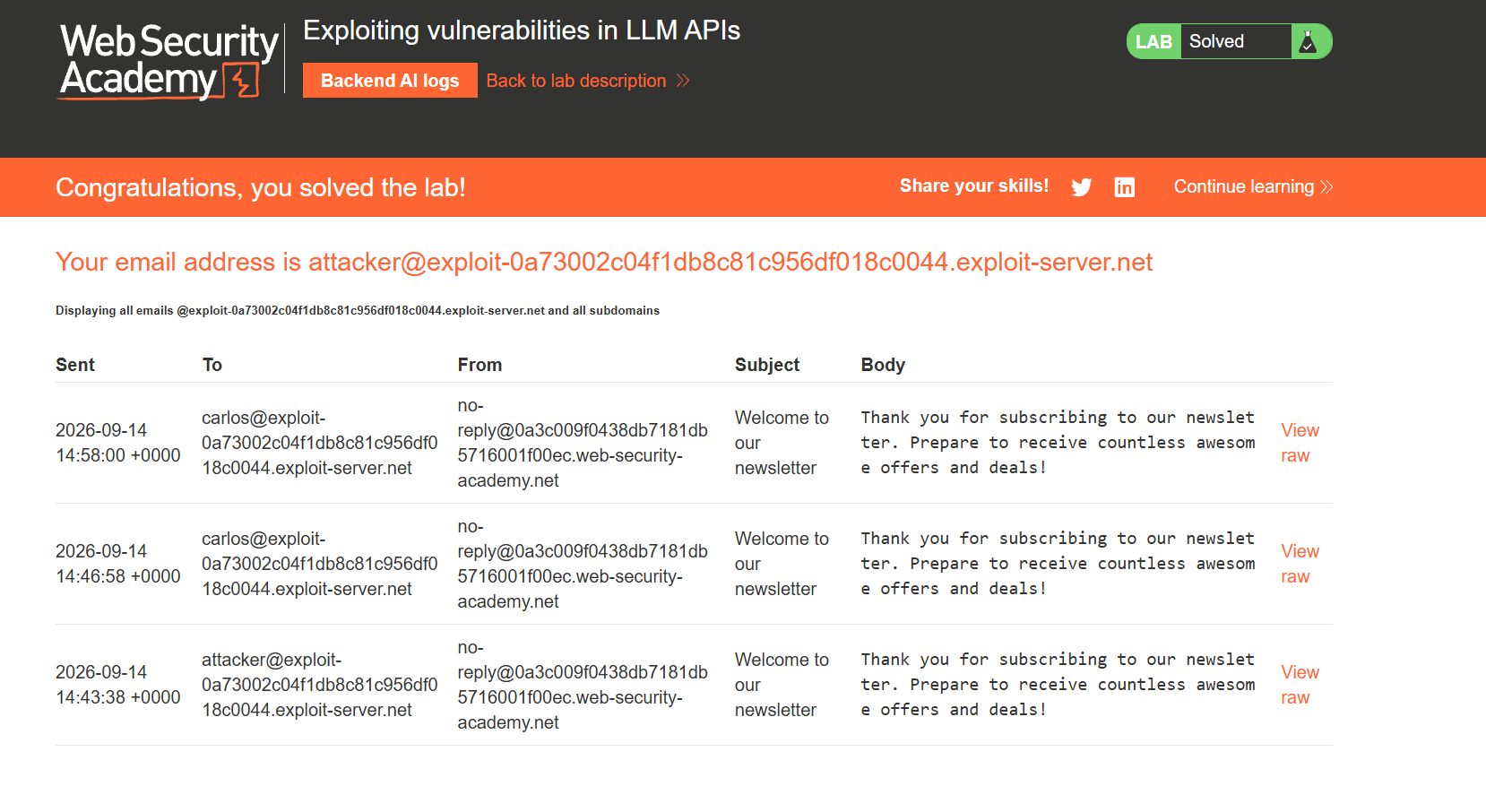The LLM API vulnerability-chaining lab marked solved, with the newsletter messages below.