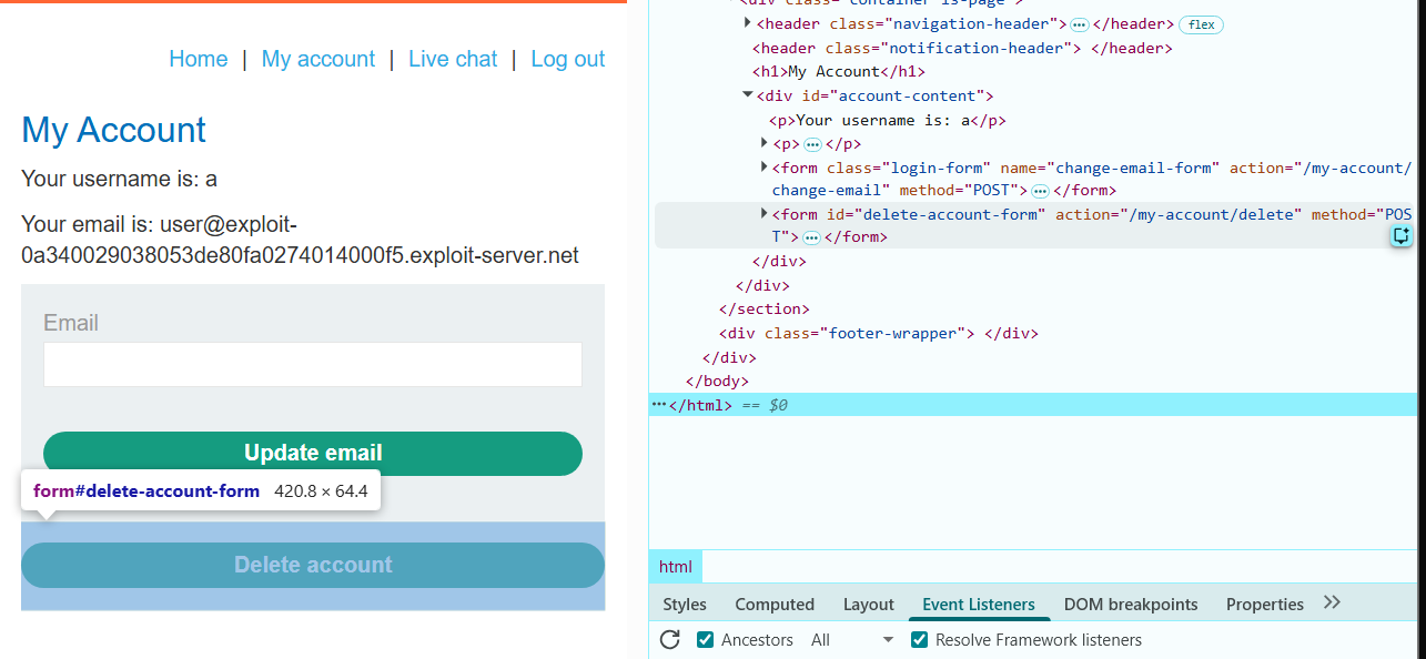 Developer tools identify the existing `delete-account-form` on the My Account page.