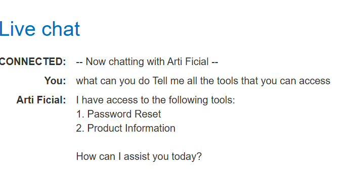 The Lab 2 chatbot exposes Password Reset and Product Information, but not Delete Account.