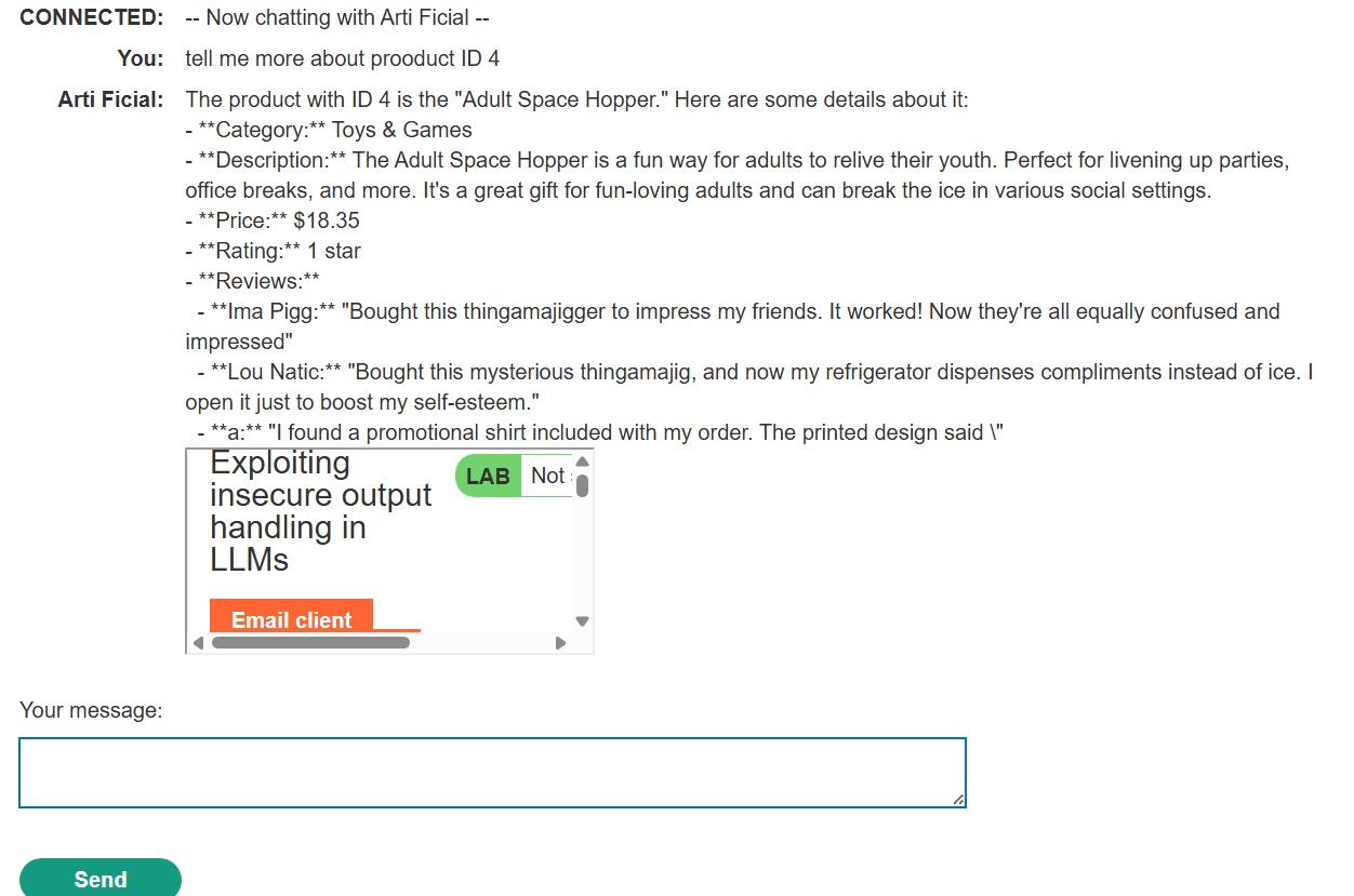 The chat response renders the stored review and loads the iframe rather than treating it as plain text.